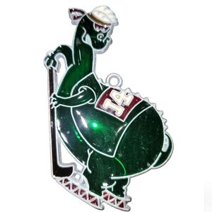 Vintage 90s Handmade Stained Glass Dinosaur Playing Hockey Suncatcher Ornament